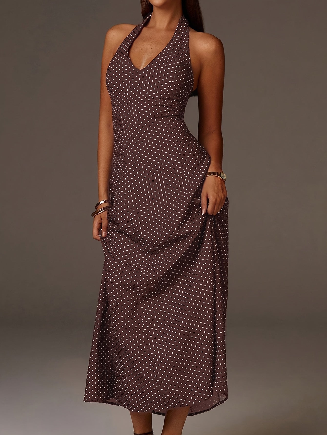 Women's Coffee Polka Dot Halter Neck Maxi Dress with Plunge Front and Smocked Back