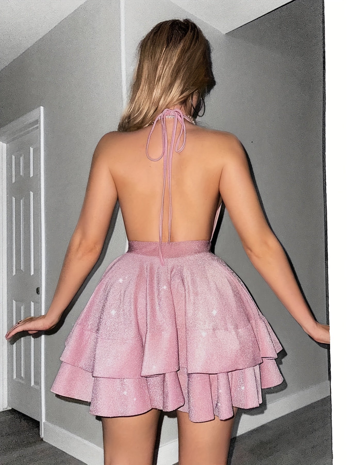 Women's Glitter Halter Neck Mini Dress - Deep V - Cocktail Tiered Skirt