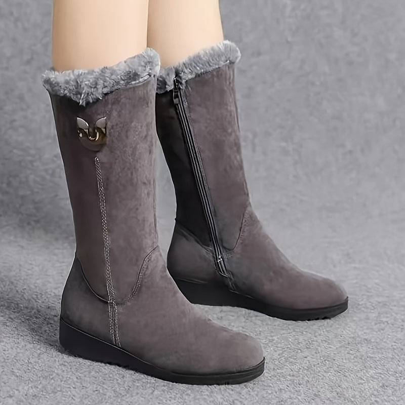 Slip-On Mid Calf Winter Boots with Textured Anti-Slip Sole and Plush Lining
