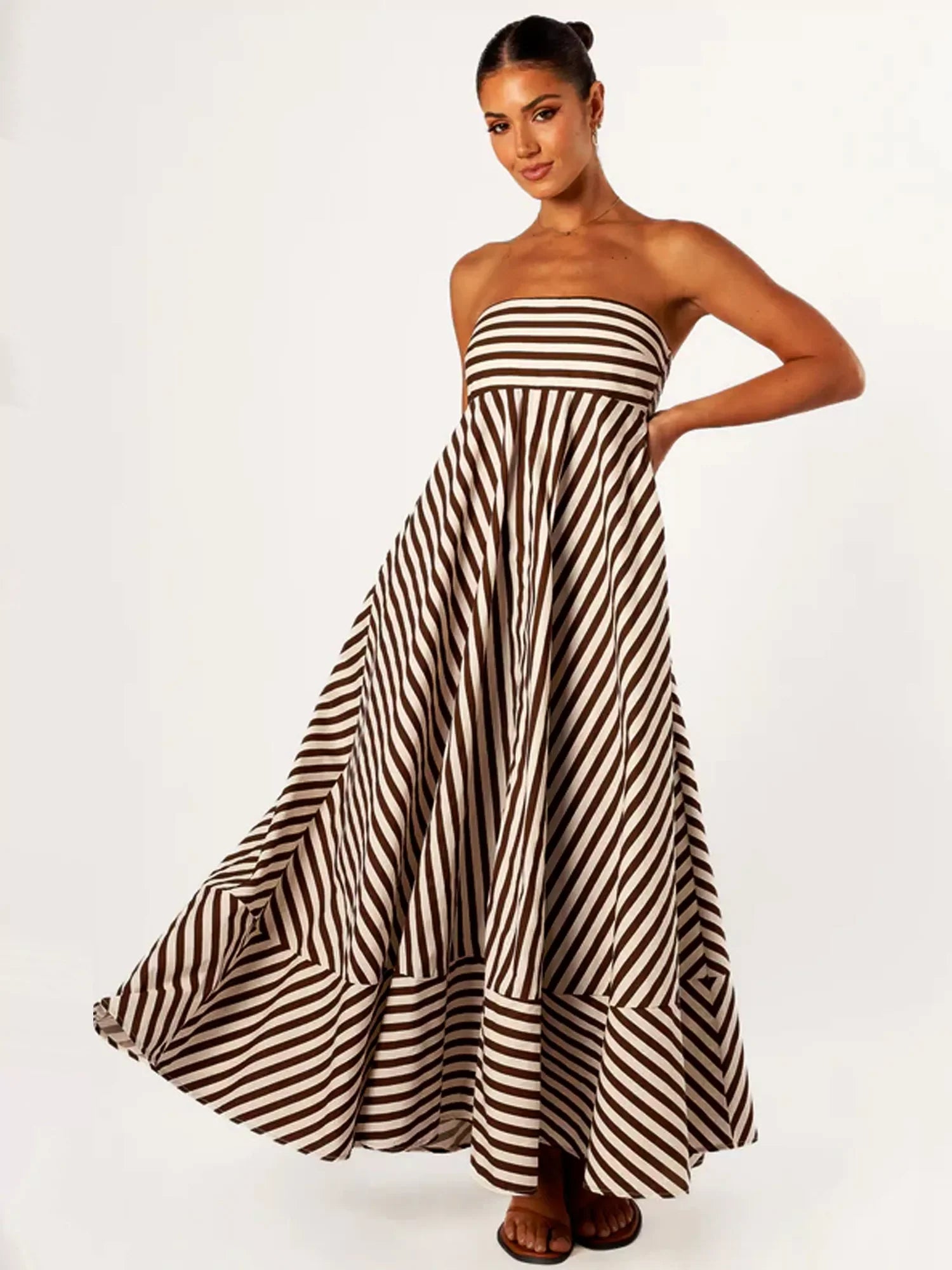 Women's Striped Strapless Bandeau Maxi Dress - Side Zip