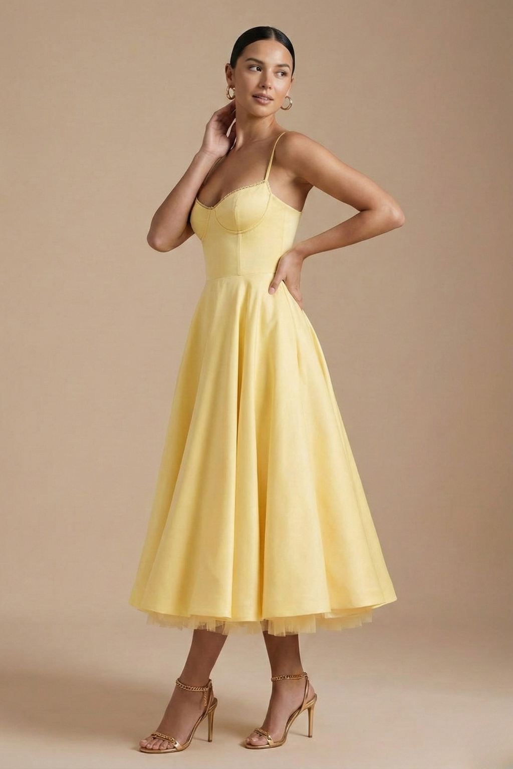 Women’s Elegant Corset Style Sleeveless Midi Dress with Flared Skirt