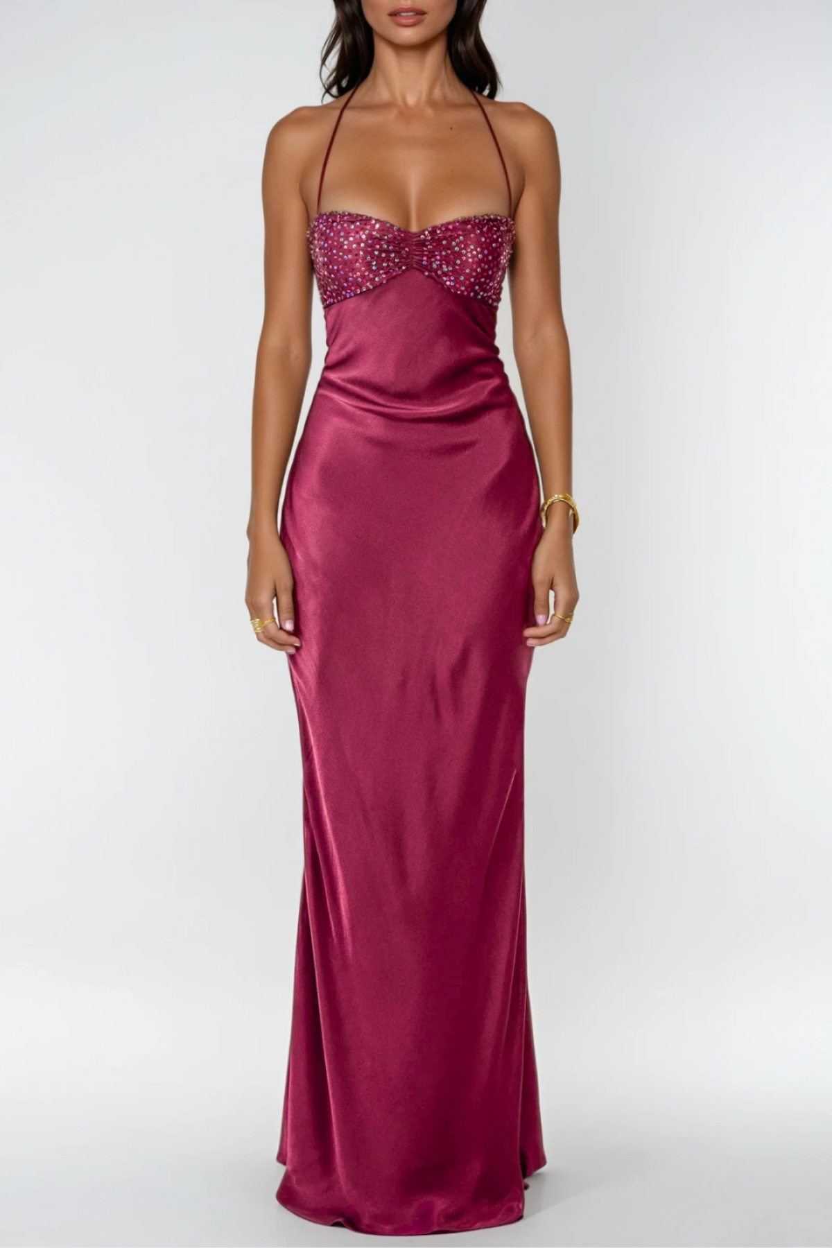 Women's Satin Maxi Dress Halter Neck Lace-Up Back