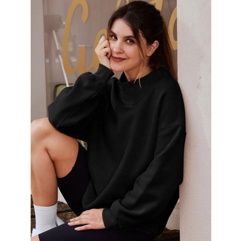 Women's Mock Neck Sweatshirt with Fleece Lining and Drop Shoulder Design, Asymmetric Slit