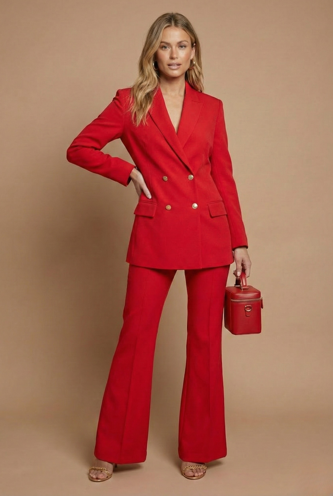 Women’s Tailored Formal Suit Set with Longline Blazer and Flared Pants