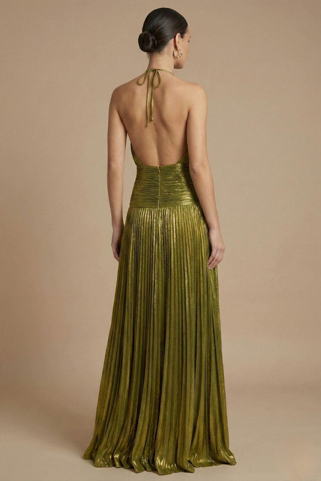 Women’s Golden Green Elegant Halter Neck Maxi Dress with High Slit for Evening Occasions