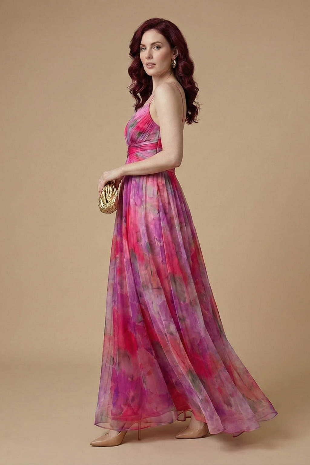 Women’s Elegant Floral Maxi Dress with V Neckline and Defined Waist