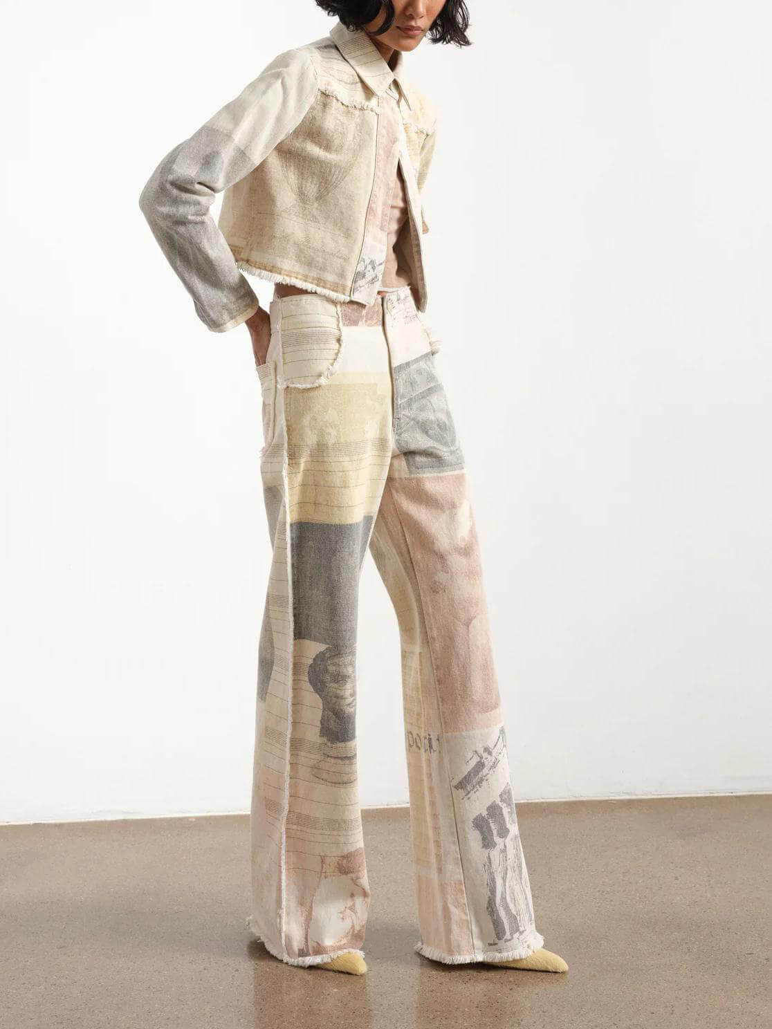 Women's Patchwork Print Wide Leg Jeans - High Rise Button Closure