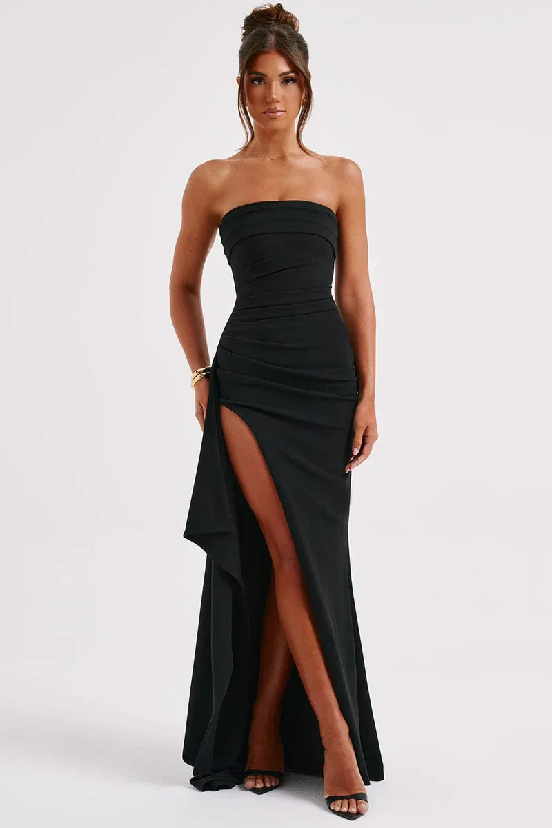 Strapless Elegant Maxi Dress with High Slit and Twisted Detail