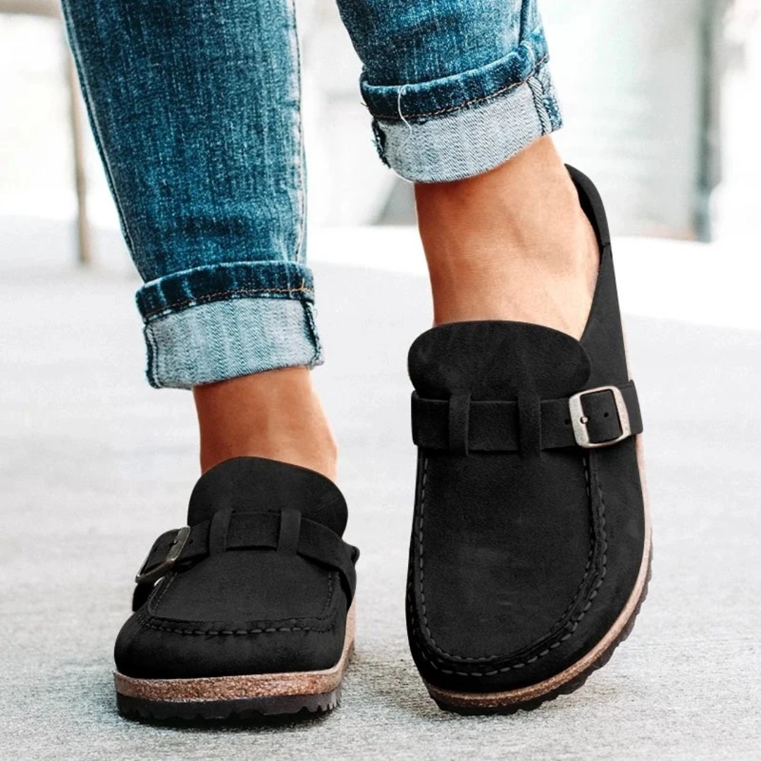 Women's Slip On Loafers with Metal Vamp Accent and Cushioned Footbed, Low Block Heel