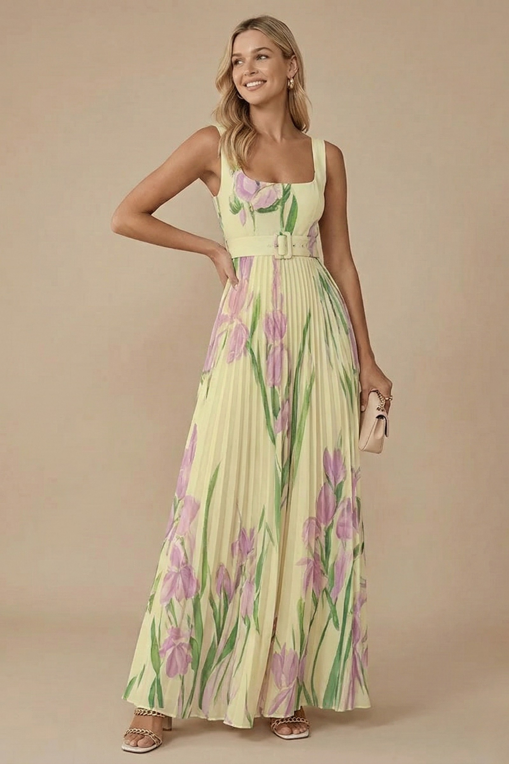 Women’s Elegant Sleeveless Floral Pleated Maxi Dress with Square Neckline