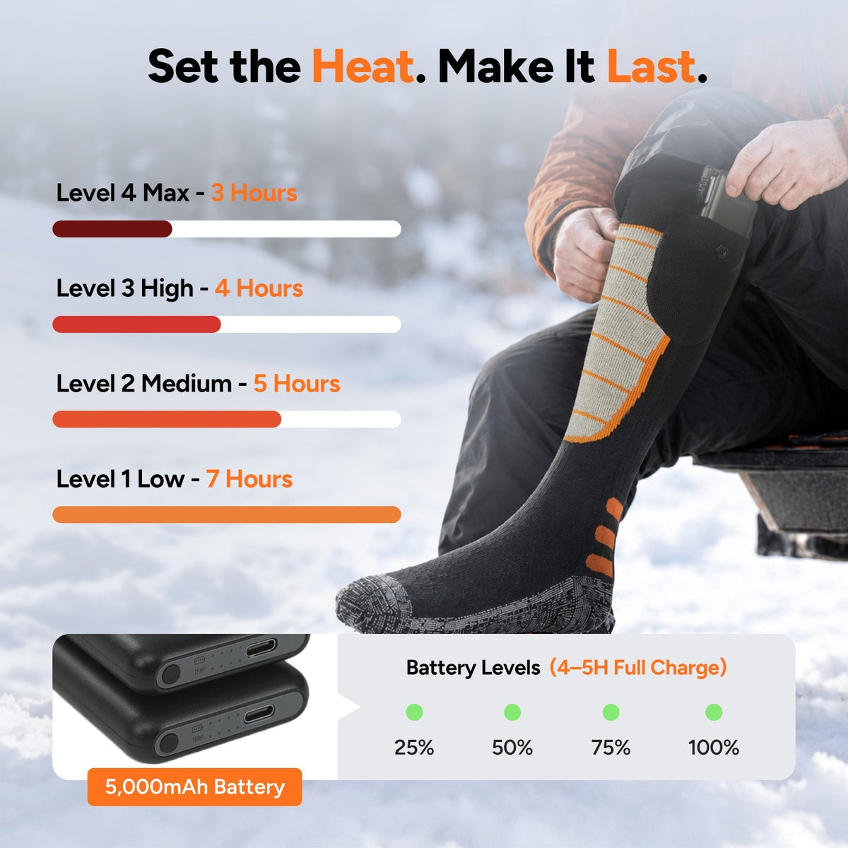 Rechargeable Heated Socks with Four Temperature Settings and 7-Hour Battery Life
