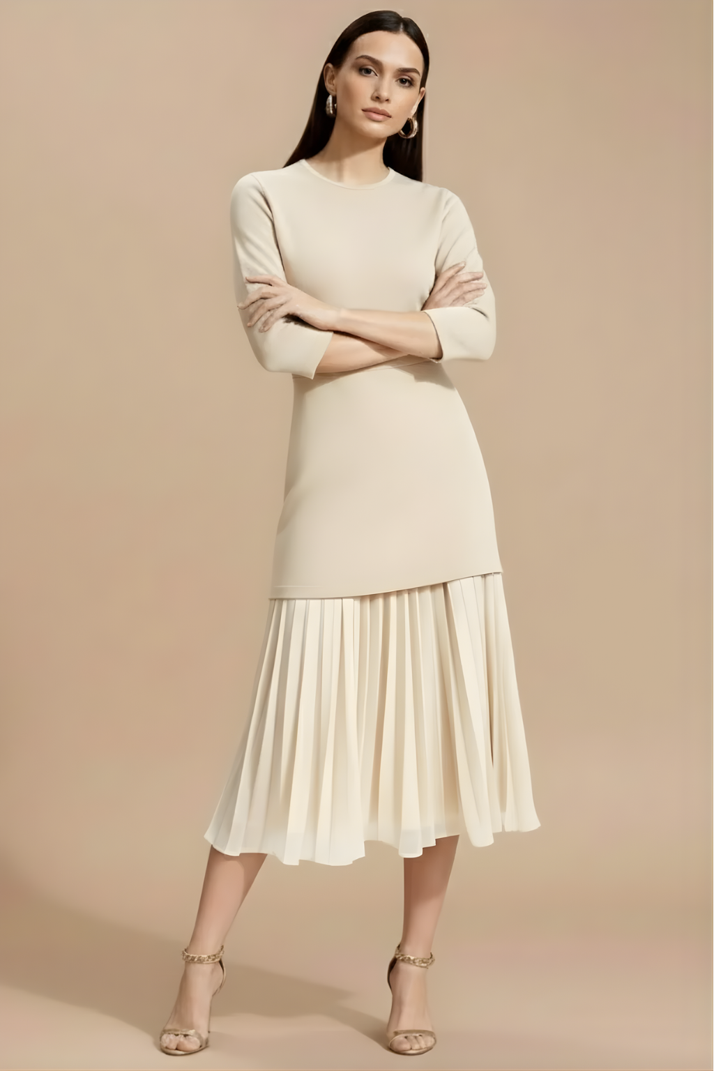 Women’s 3/4 Sleeve Pleated Midi Dress with Refined Knit Silhouette