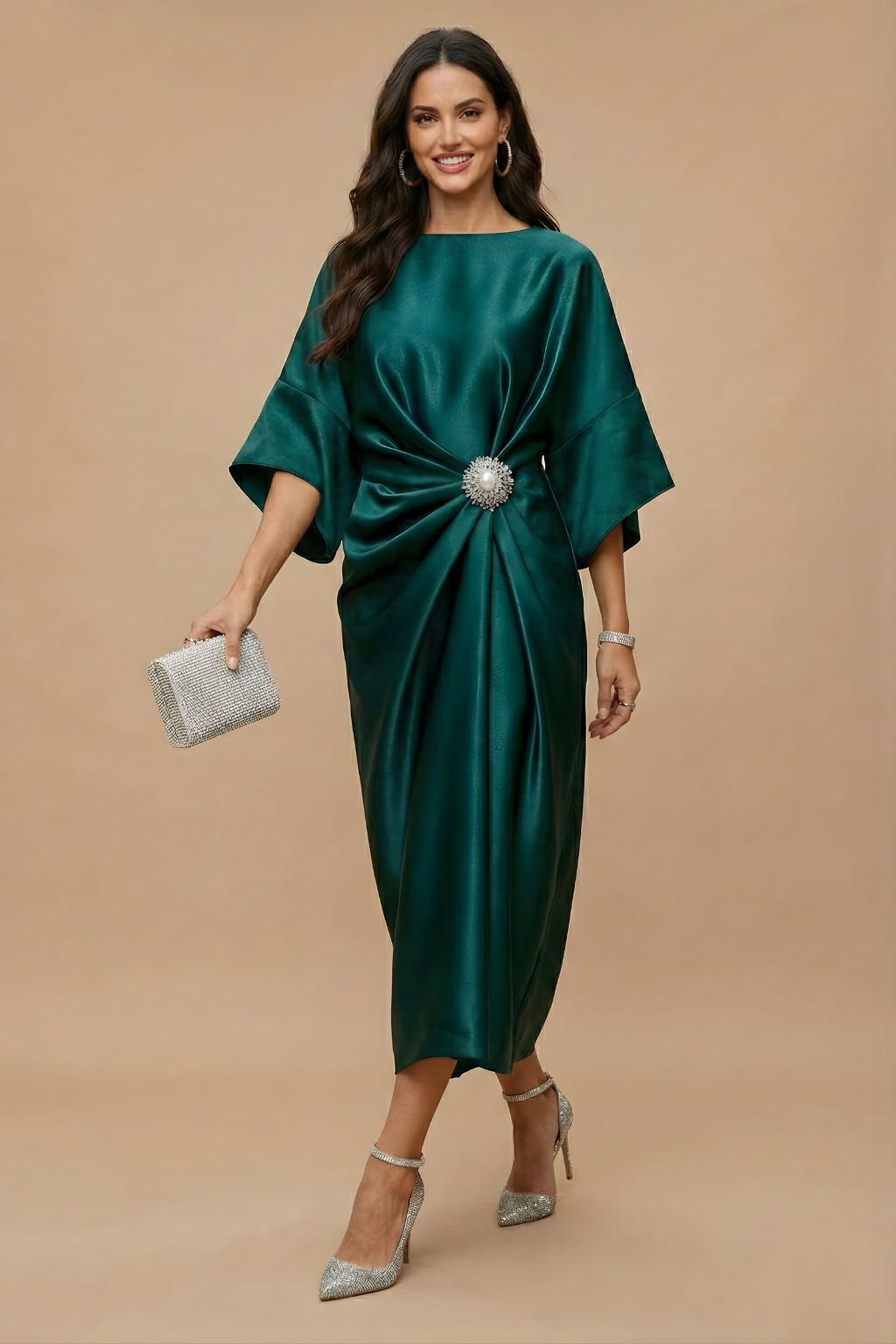 Women’s Elegant Wide Sleeve Maxi Dress with Draped Detail for Evening Occasions