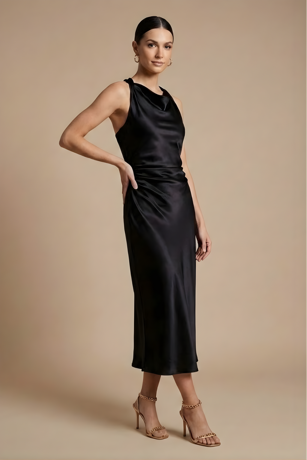 Women’s Elegant Sleeveless Midi Dress with Draped Neckline for Evening Occasions
