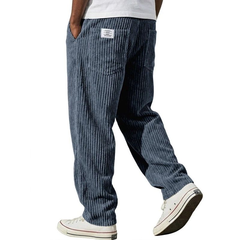 Corduroy Pants with Elastic Waistband and Four Pockets, Wide Leg Straight Fit