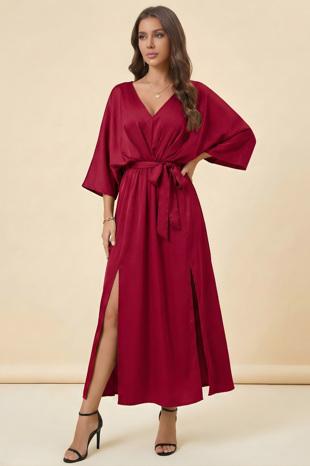 Women’s V-Neck Maxi Dress with Waist Tie and Kimono Sleeves – Occasion Wrap-Style Dress