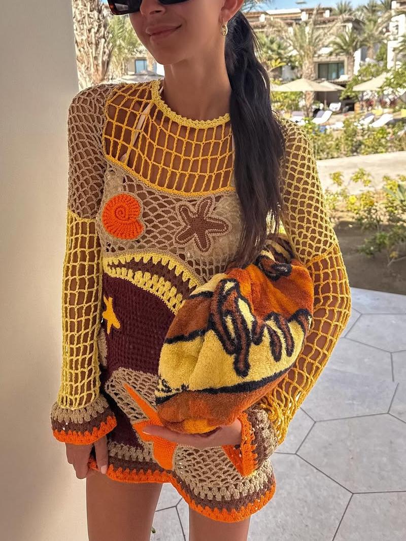 Women's Crochet Coral Reef Pattern Long Sleeve Round Neck Mini Dress