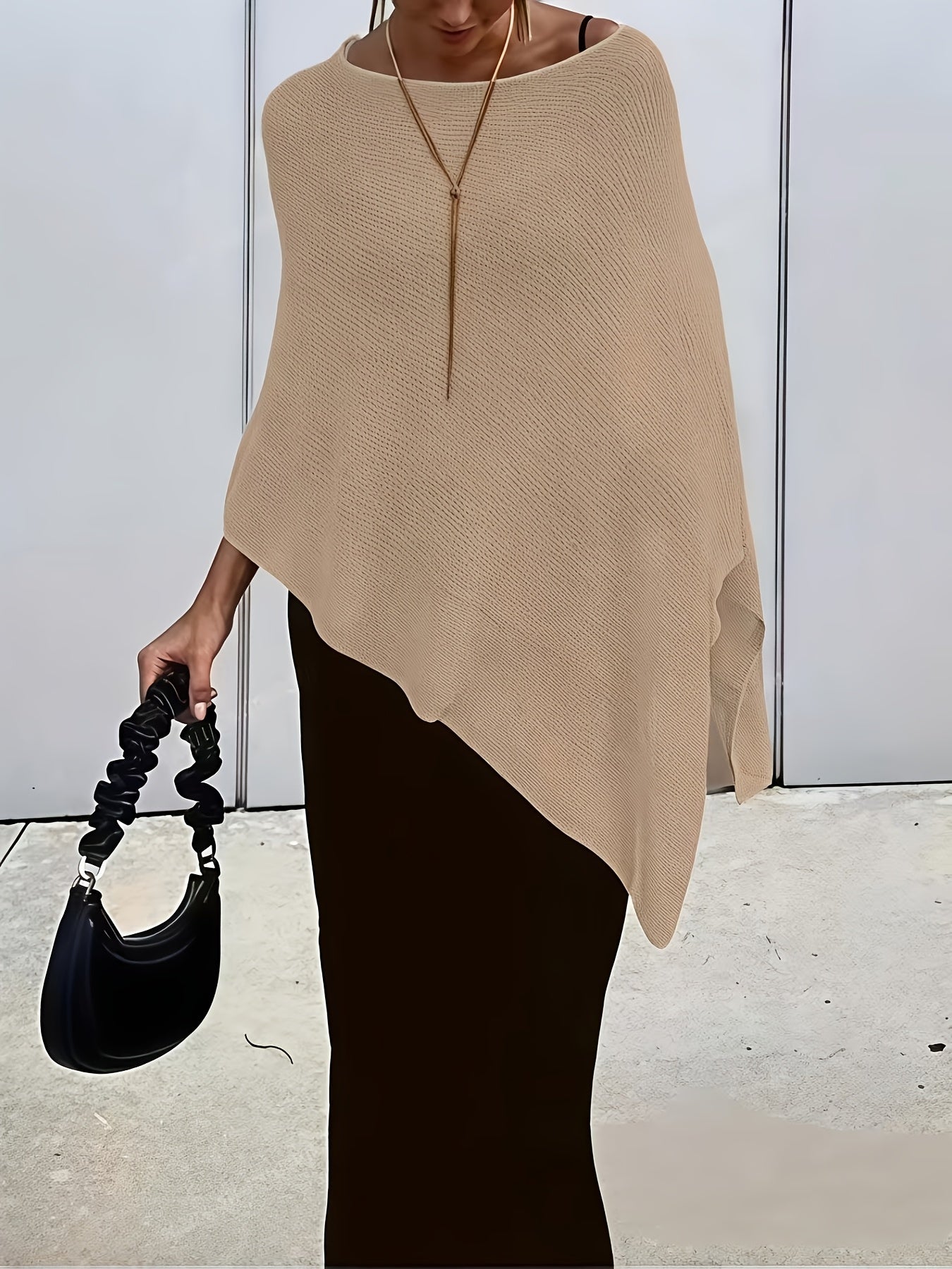 Women's Knit Poncho Sweater - Crew Neck - Asymmetric Hem - One Size