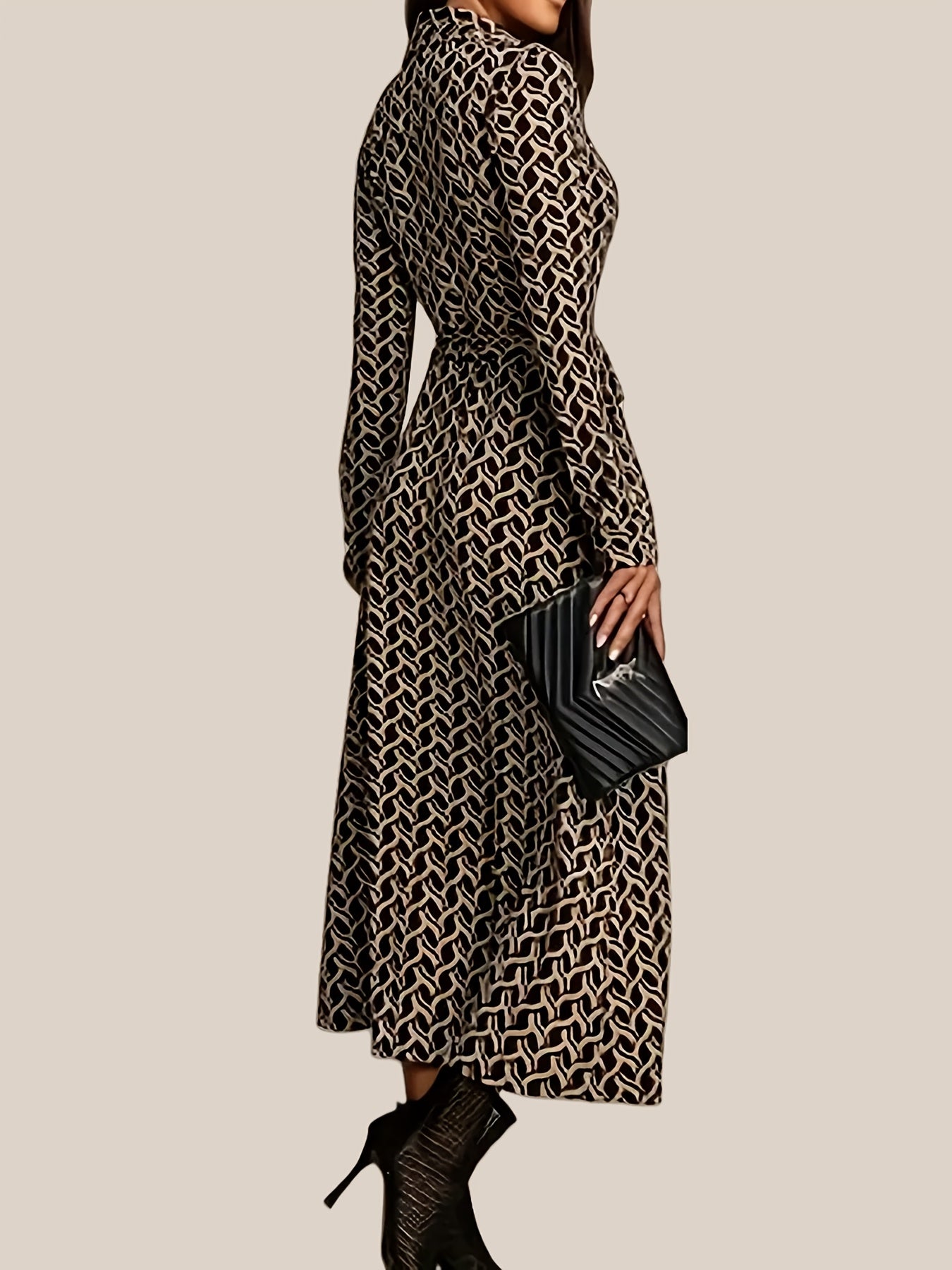 Women's Geo Print Long Sleeve Midi Dress with Shirt Collar and Tie Belt