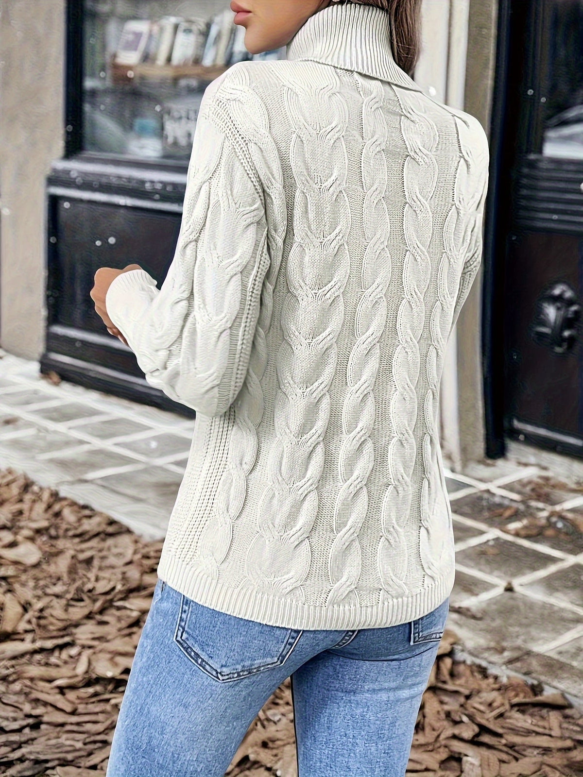 Turtleneck Sweater with Cable Knit Pattern and Relaxed Fit, Full Length Sleeves