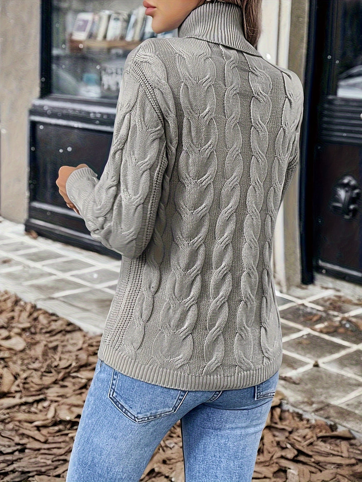 Turtleneck Sweater with Cable Knit Pattern and Relaxed Fit, Full Length Sleeves