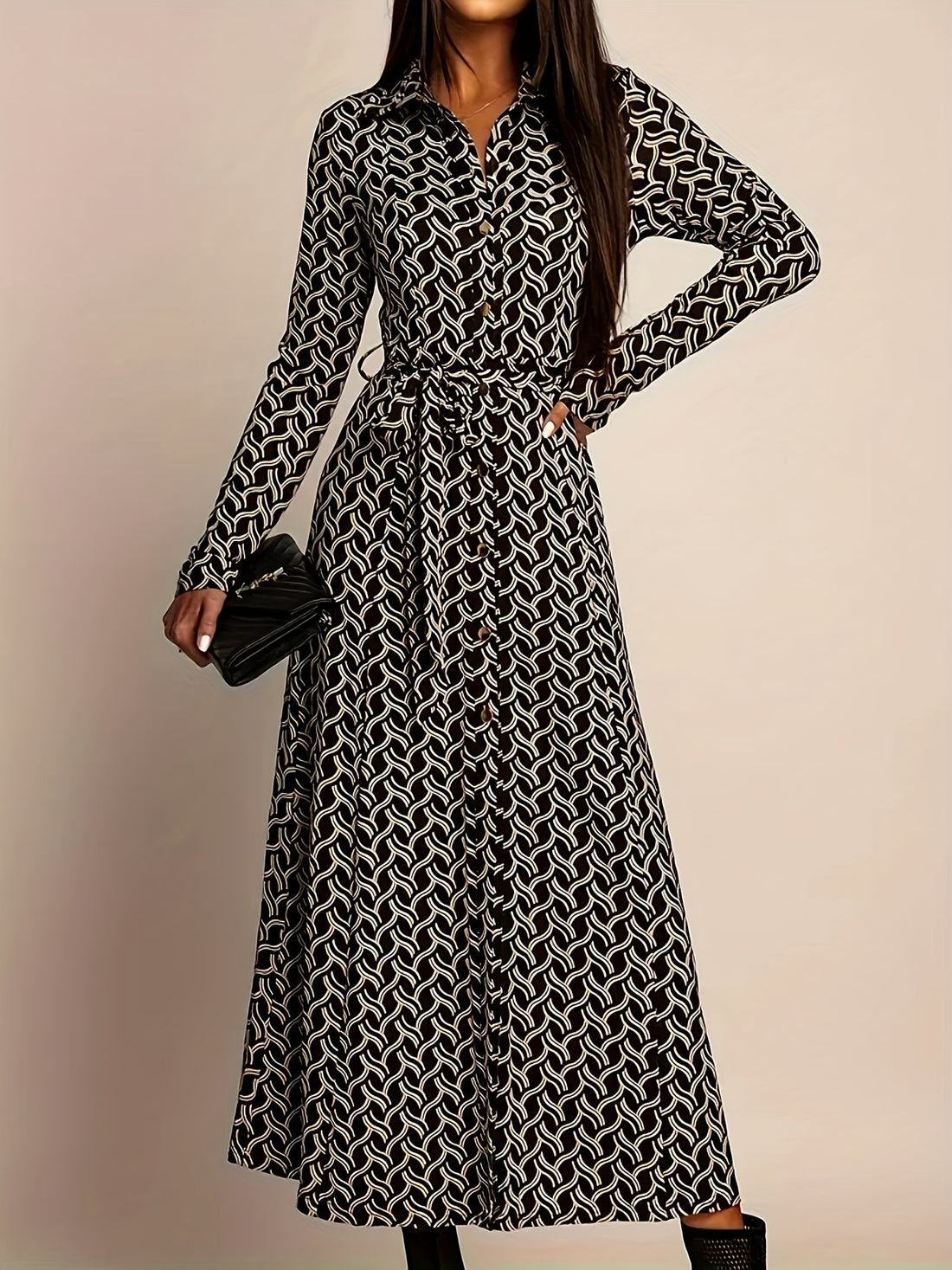 Women's Geo Print Long Sleeve Midi Dress with Shirt Collar and Tie Belt