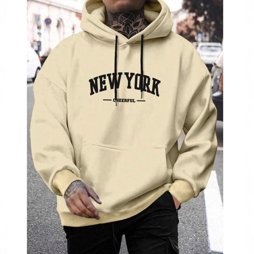 Mens Oversized Pullover Hoodie with Dropped Shoulders and Collegiate Chest Print