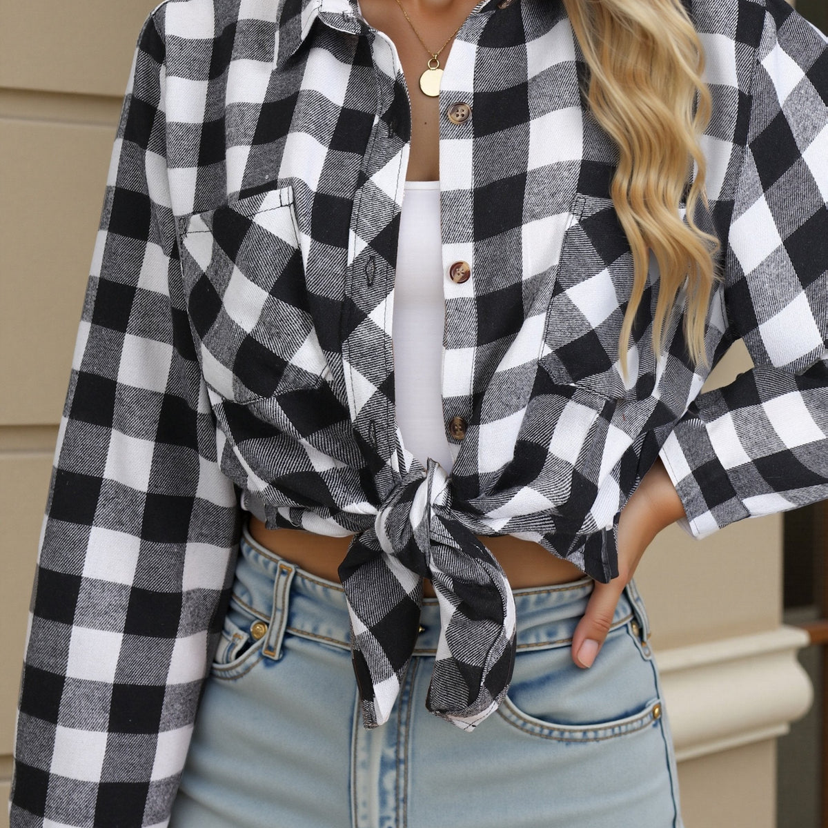 Button Up Buffalo Check Shirt with Chest Pockets and Relaxed Fit