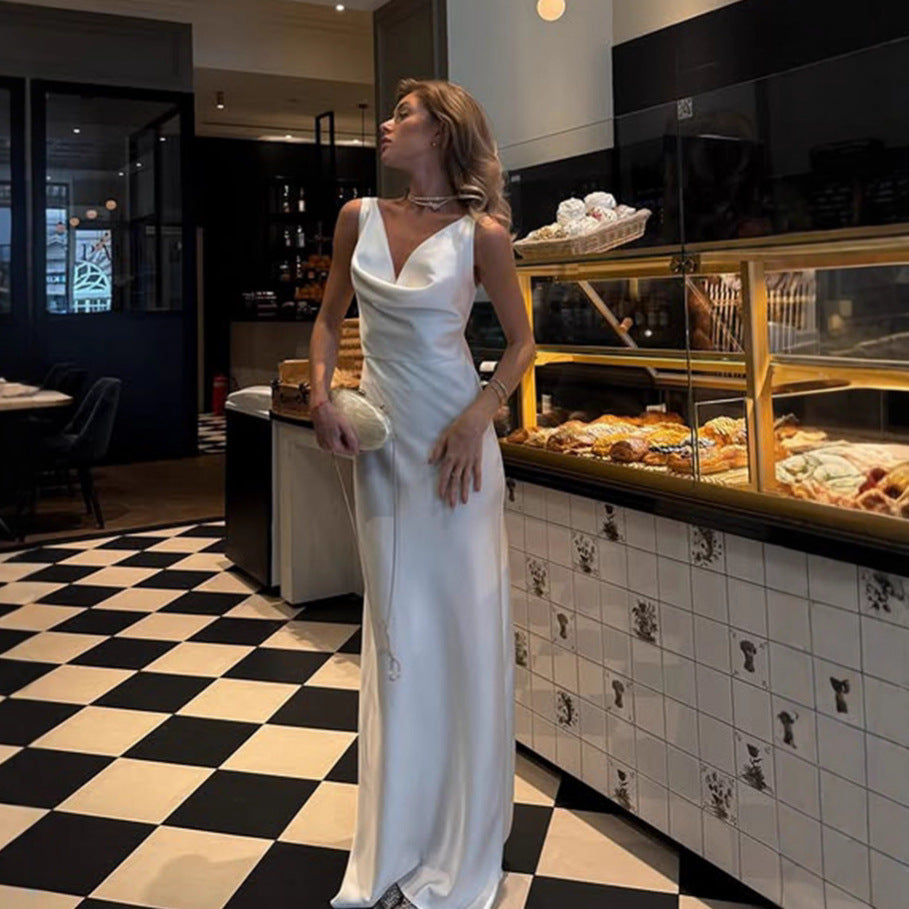 Women's Satin Cowl Neck Maxi Dress - Sleeveless Slip Dress with Deep V Drape - Open Back