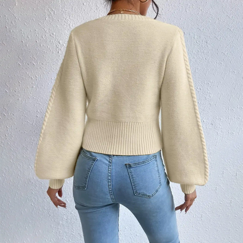 Women's Cropped Sweater with Square Collar and Cable Knit Panel, Balloon Sleeves