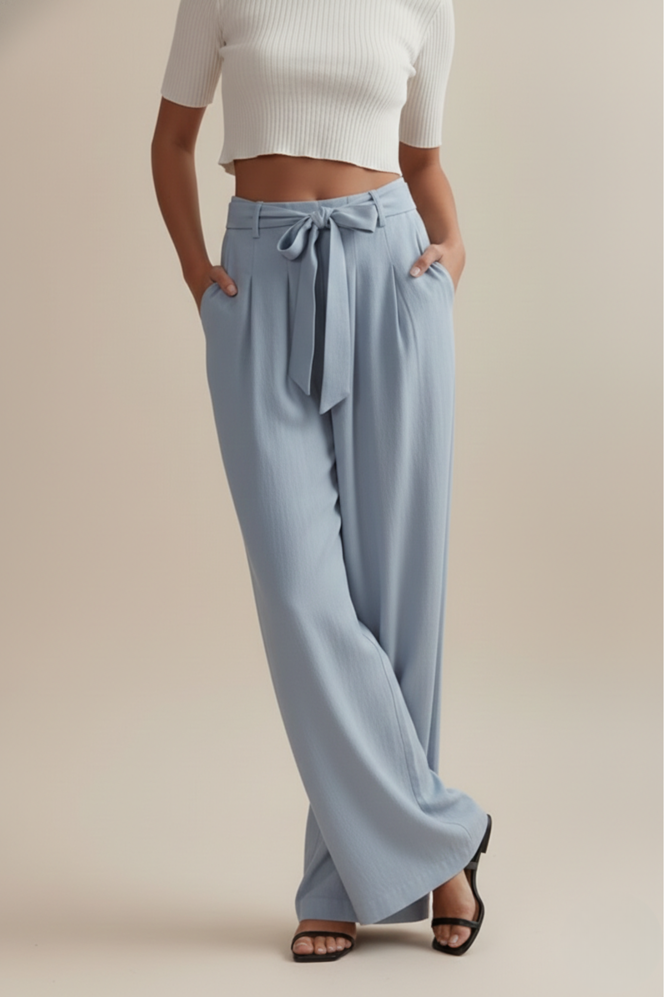 Women’s Wide Leg Pants - High Waist - Full Length - Tie Waist Design