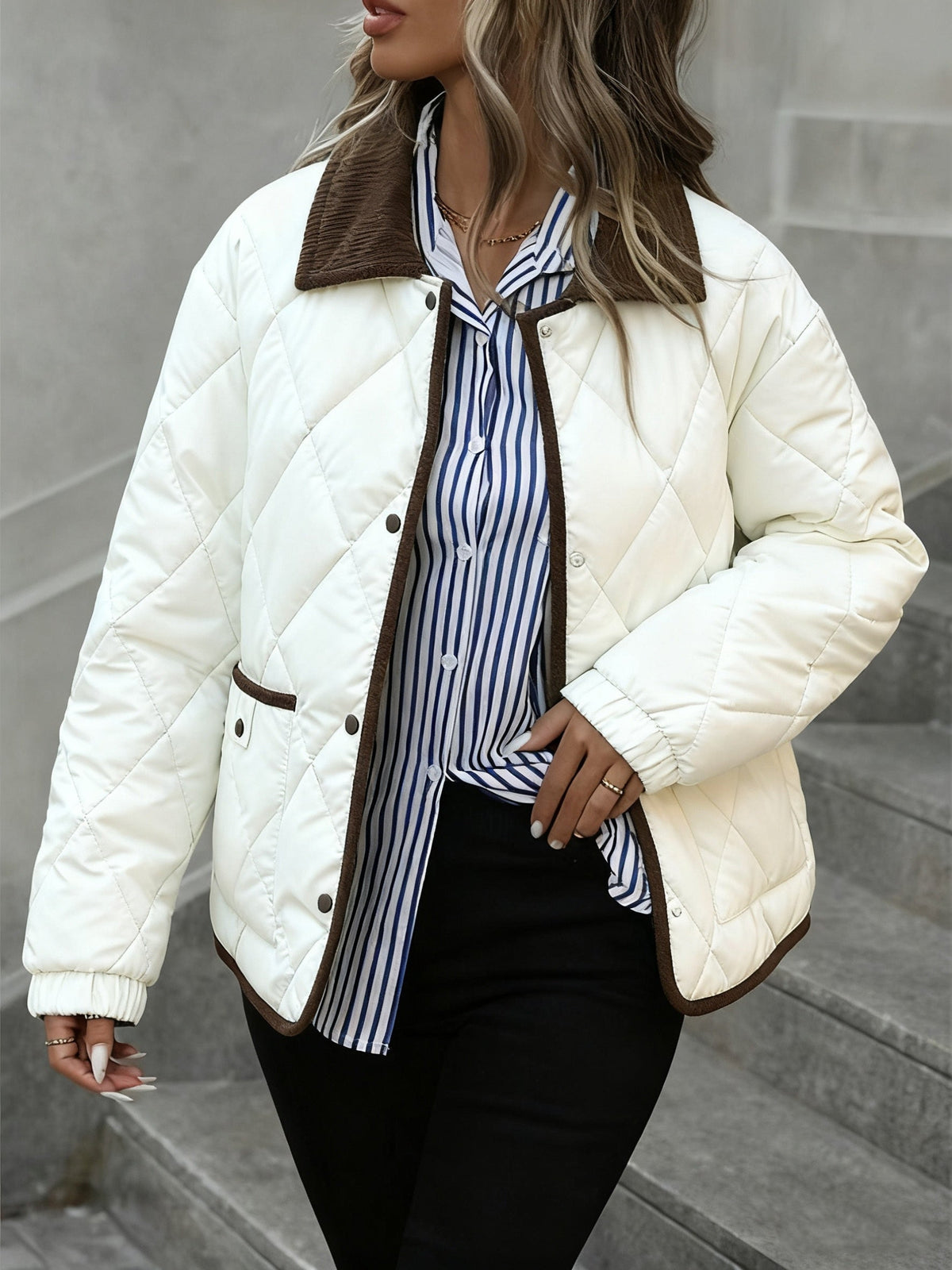 Quilted Jacket with Diamond Stitching and Button Front, Contrast Trim