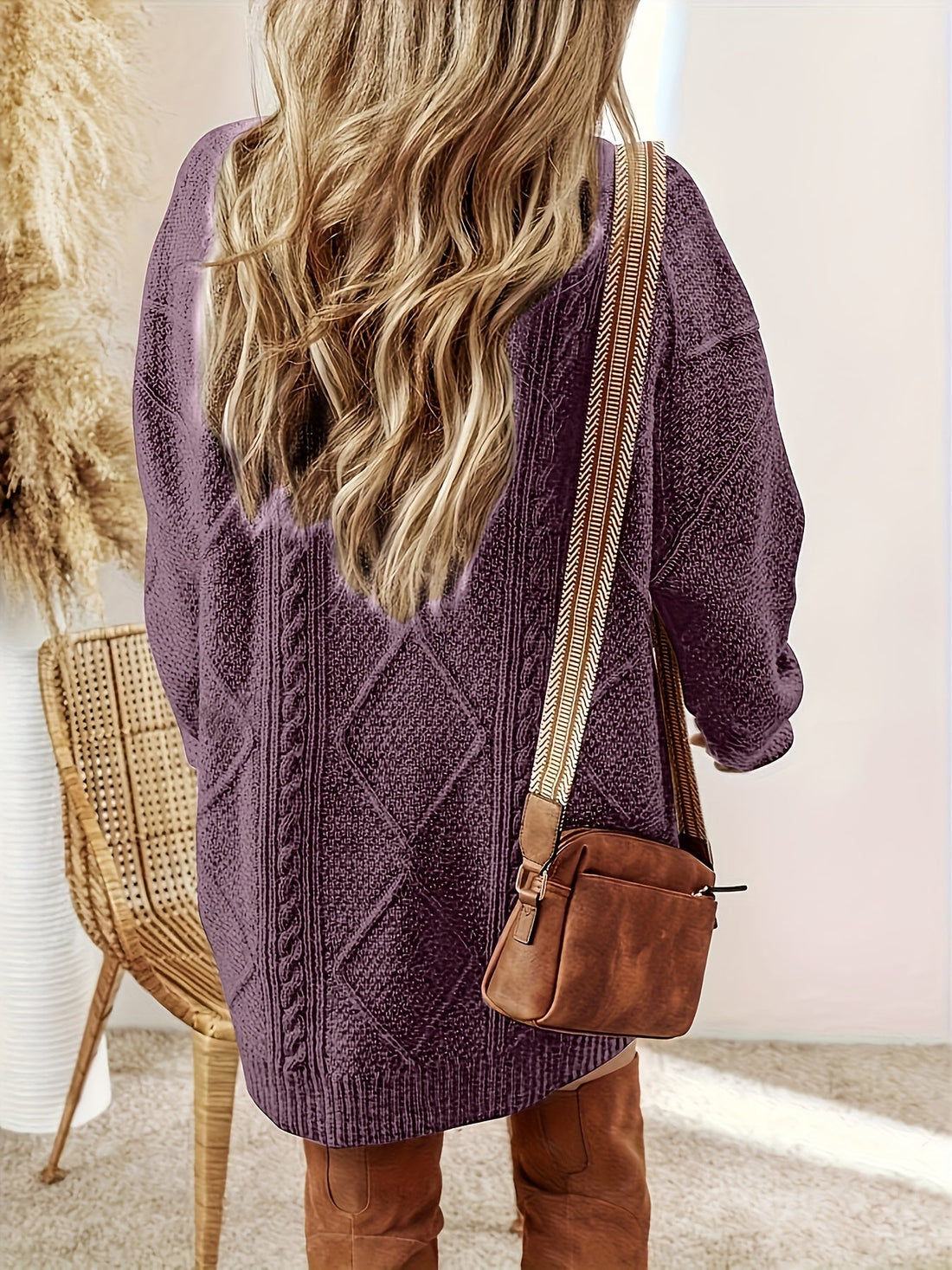 Midi Sweater Dress with Vertical Cable Knit Pattern and Crew Neck