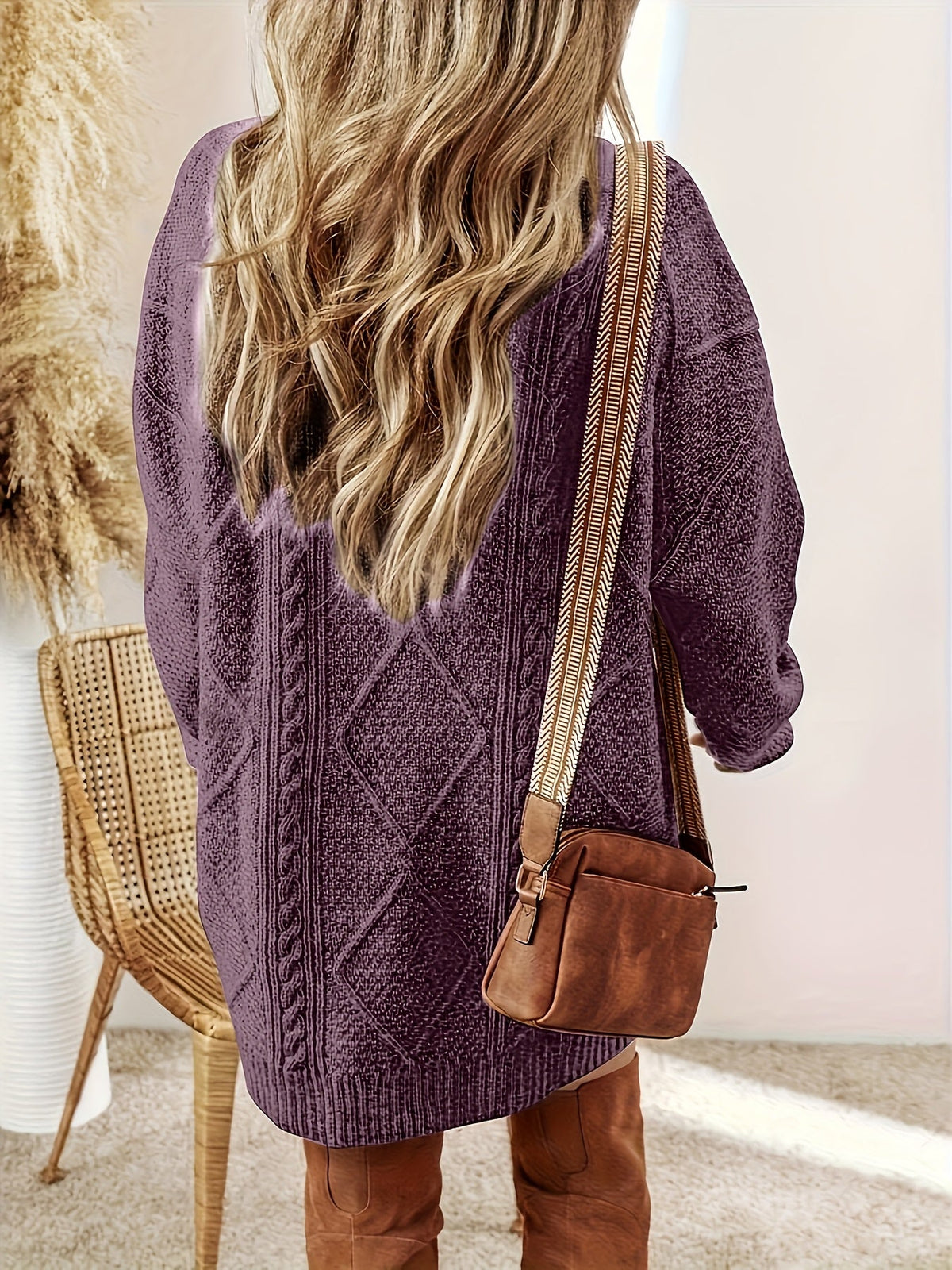 Midi Sweater Dress with Vertical Cable Knit Pattern and Crew Neck