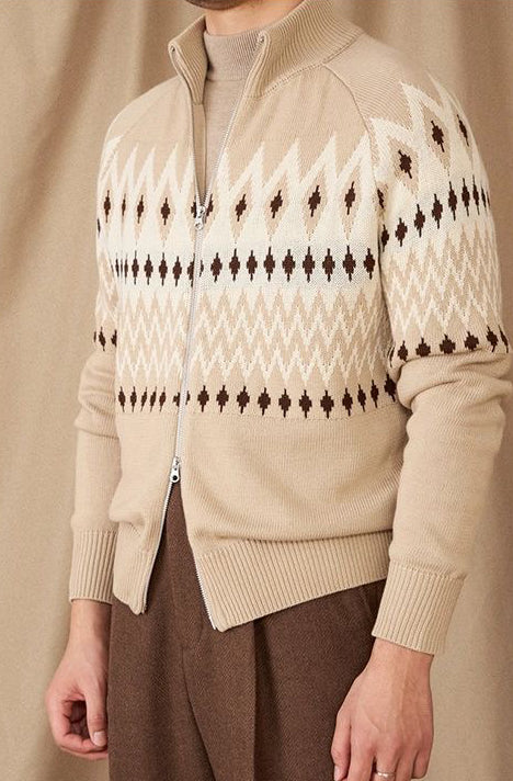 Thick Knit Cardigan with Full Zip and High Collar, Fair Isle Pattern