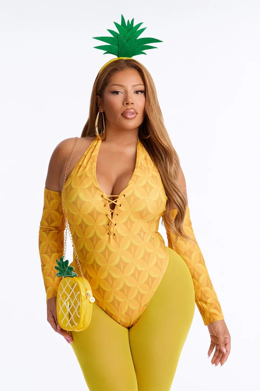Yellow Bodysuit and Leggings Costume Set with Pineapple Bag, Five Pieces