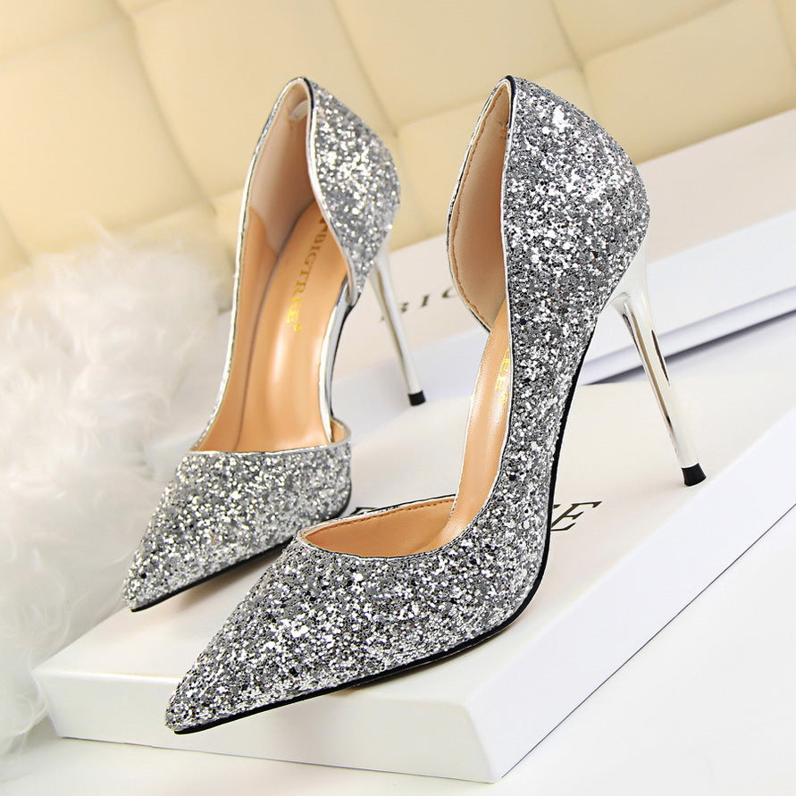 Women's Glitter Stiletto Heels - Pointed Toe - D'Orsay Cut - Slip On