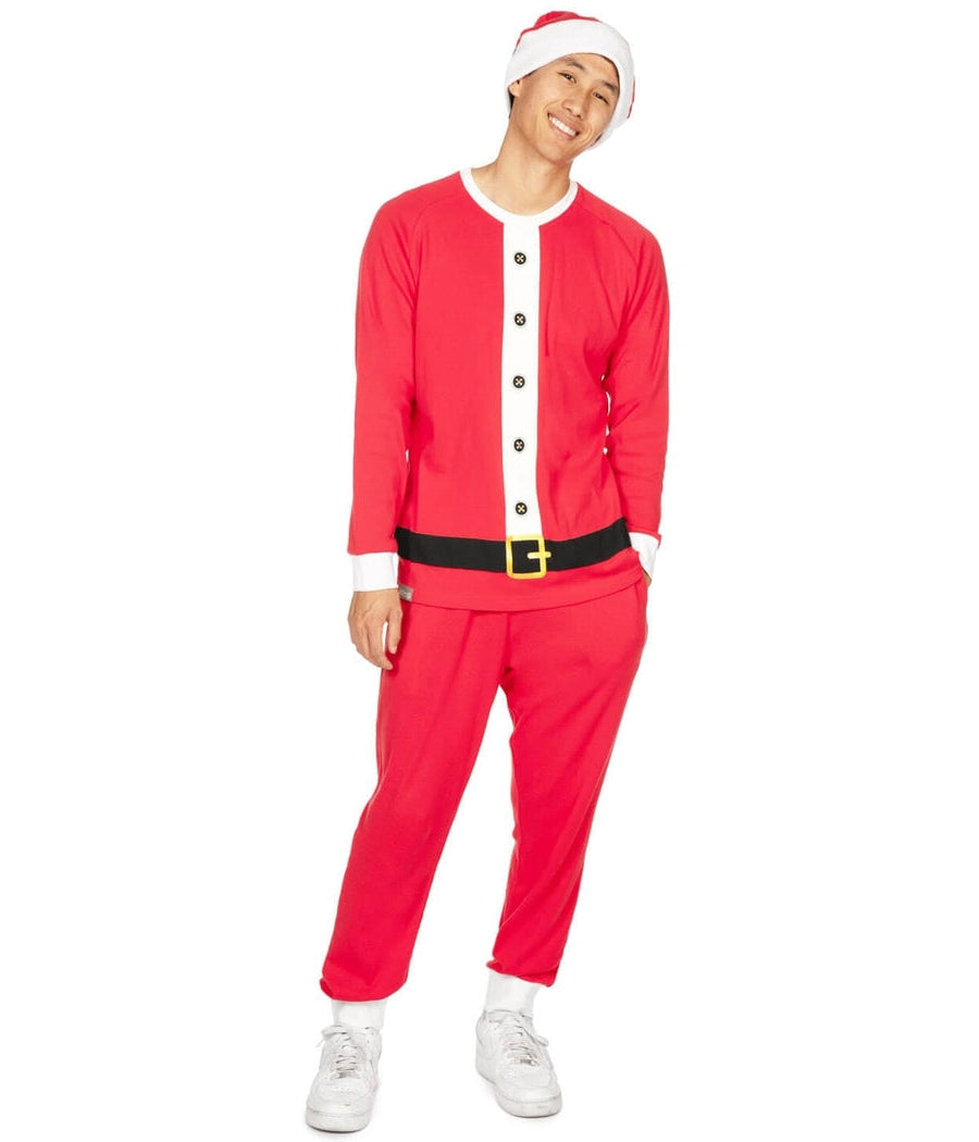 Person wearing a red Santa Claus costume on a white background