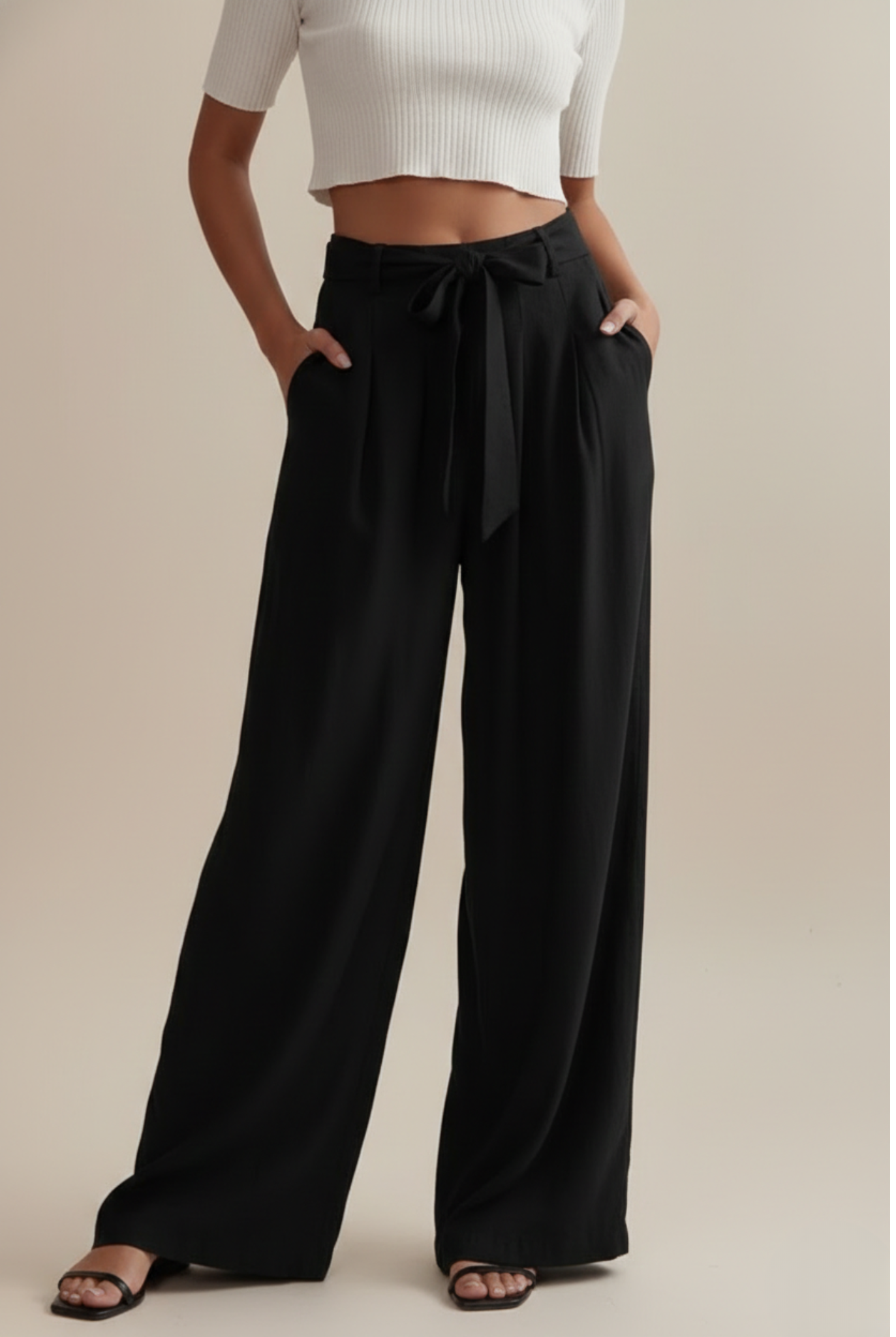 Women’s Wide Leg Pants - High Waist - Full Length - Tie Waist Design