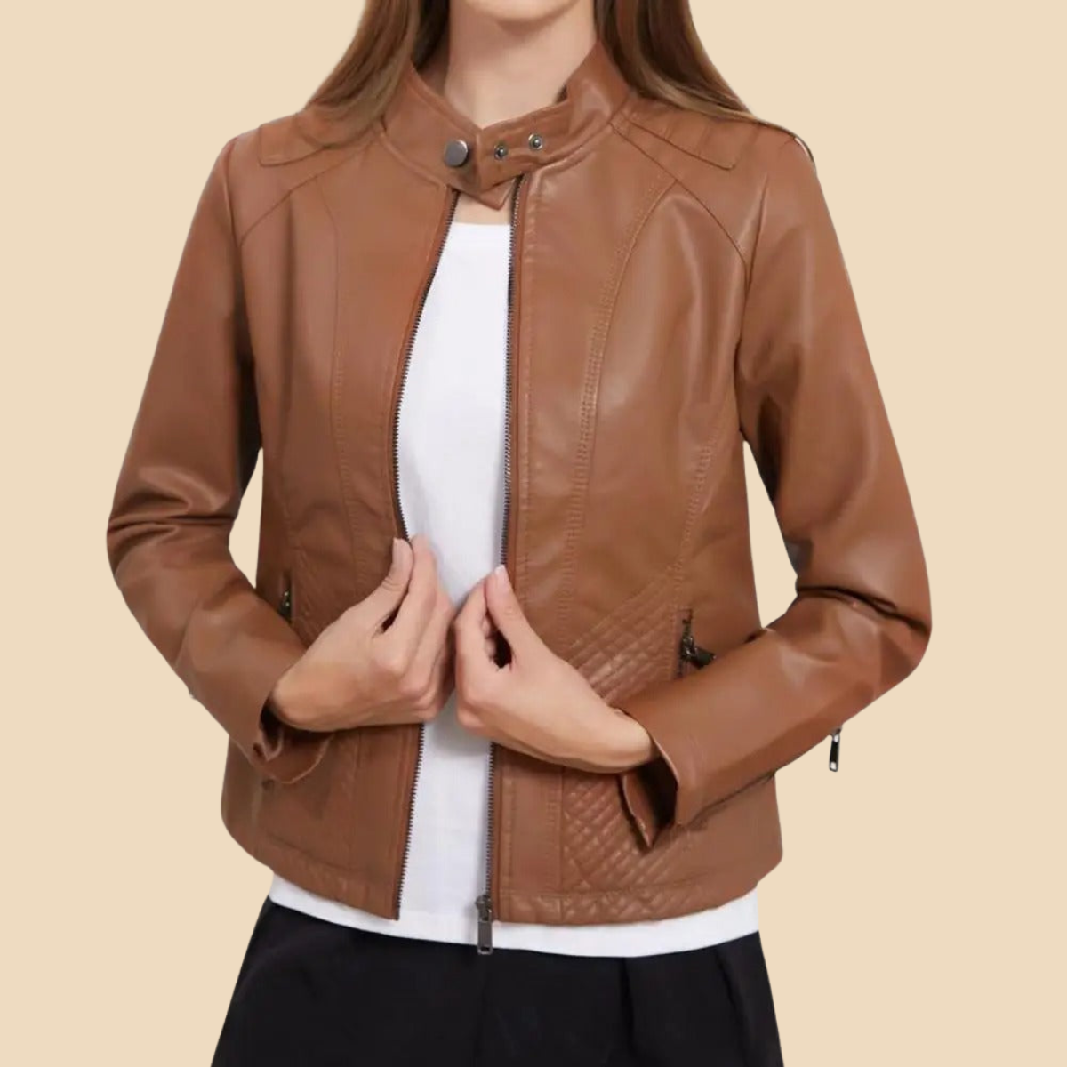 Women’s Zip-Front Faux Leather Jacket with Stand Collar and Quilted Panel Detailing