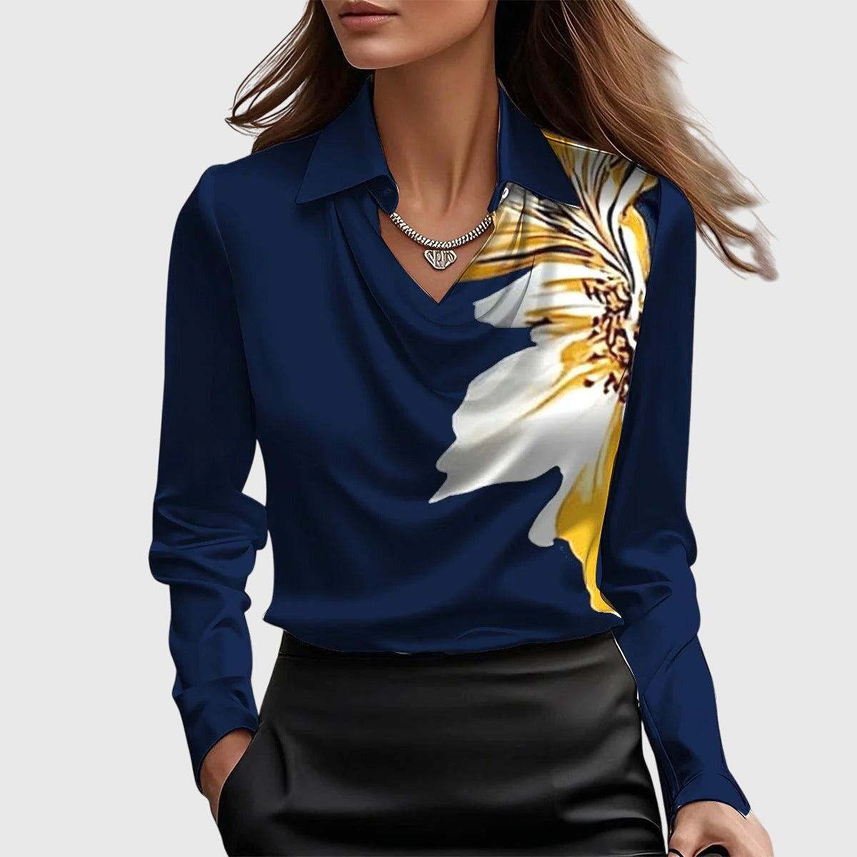 Women's Relaxed Fit Blouse with Draped Neckline and Defined Waist