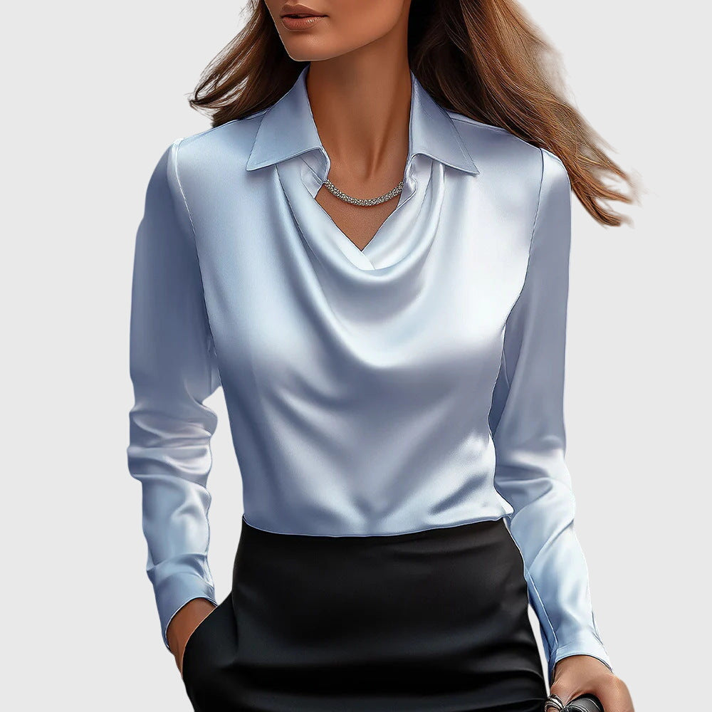 Women's Relaxed Fit Blouse with Draped Neckline and Defined Waist