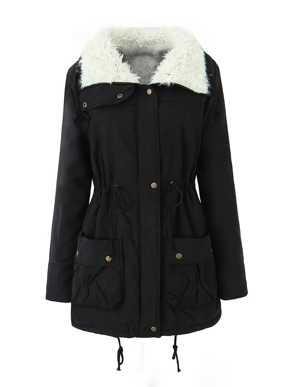 Women's Mid Length Parka with Snap Button Closure and Plush Lining, Adjustable Drawstring