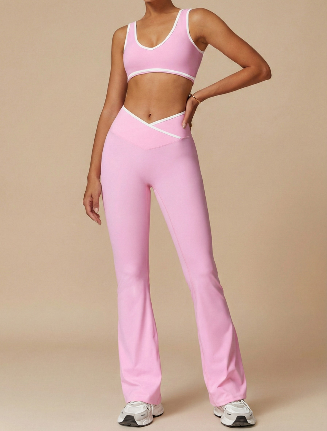 Women’s Two-Piece Yoga Set - V Neck Sports Bra and Flared High Waisted Leggings Activewear Set