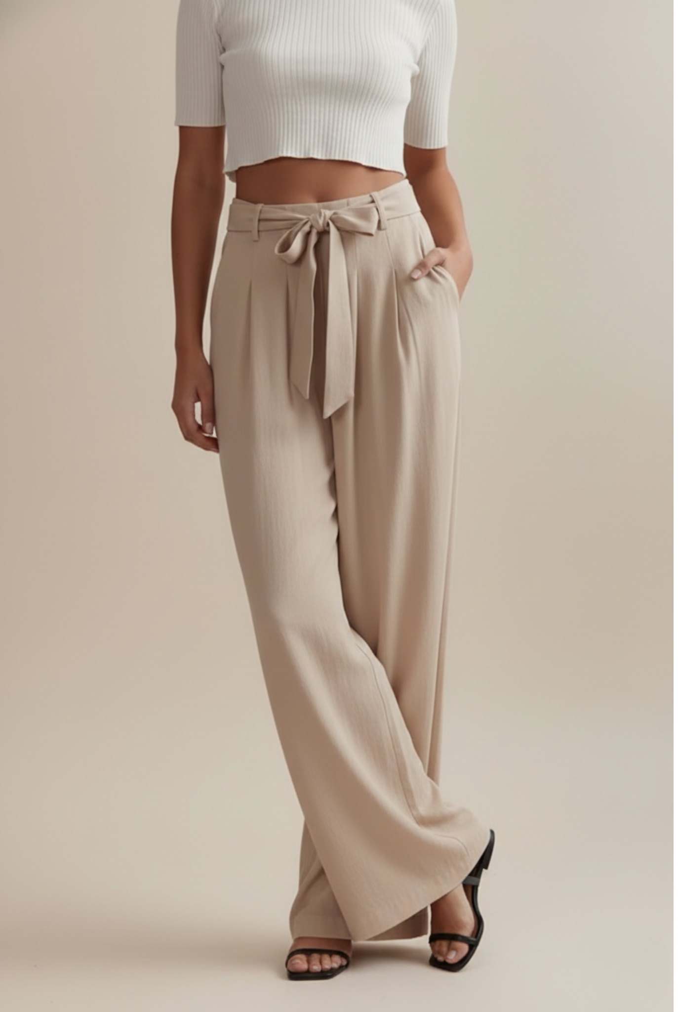 Women’s Wide Leg Pants - High Waist - Full Length - Tie Waist Design