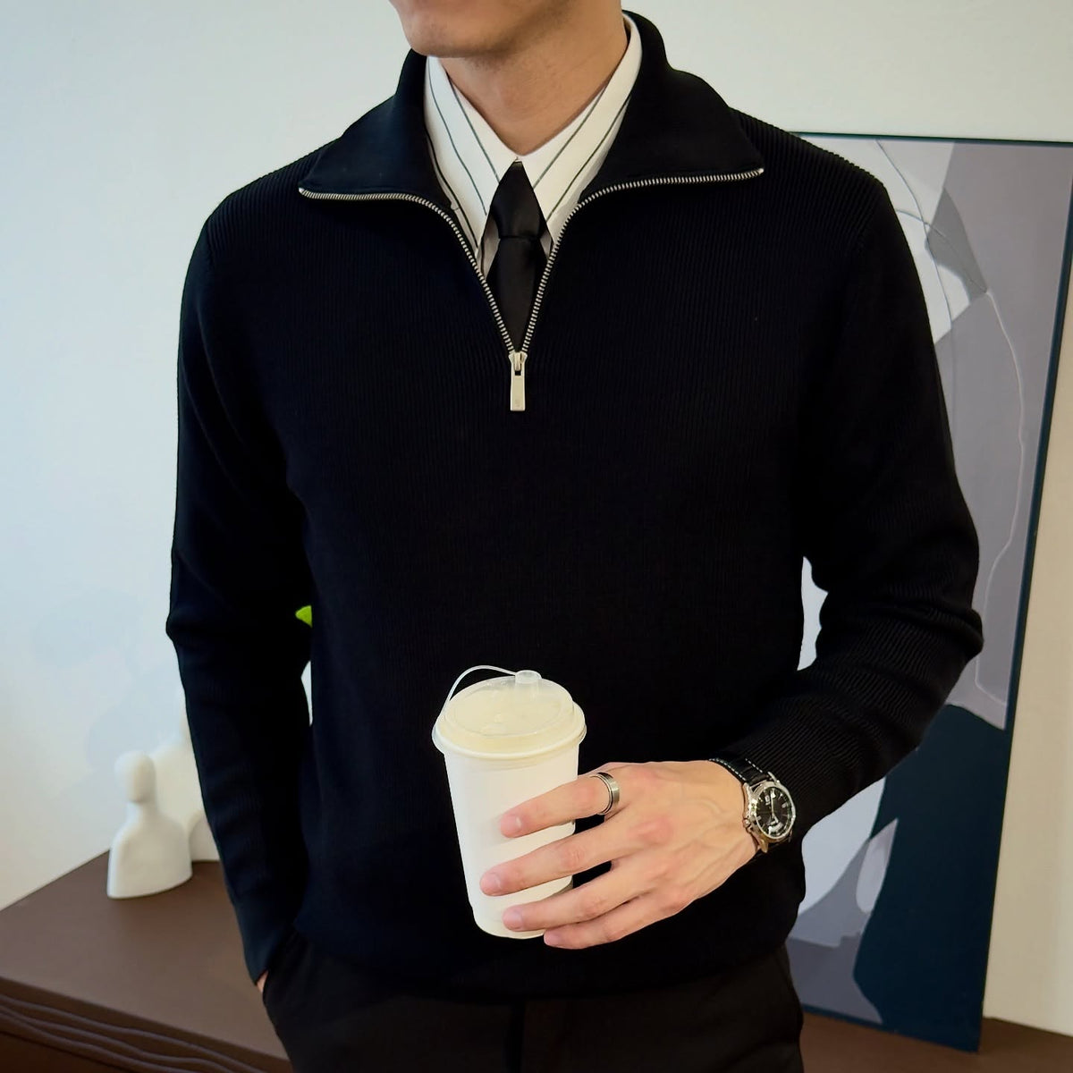 Half Zip Knit Sweater for Men with Adjustable Neckline and Breathable Yarn