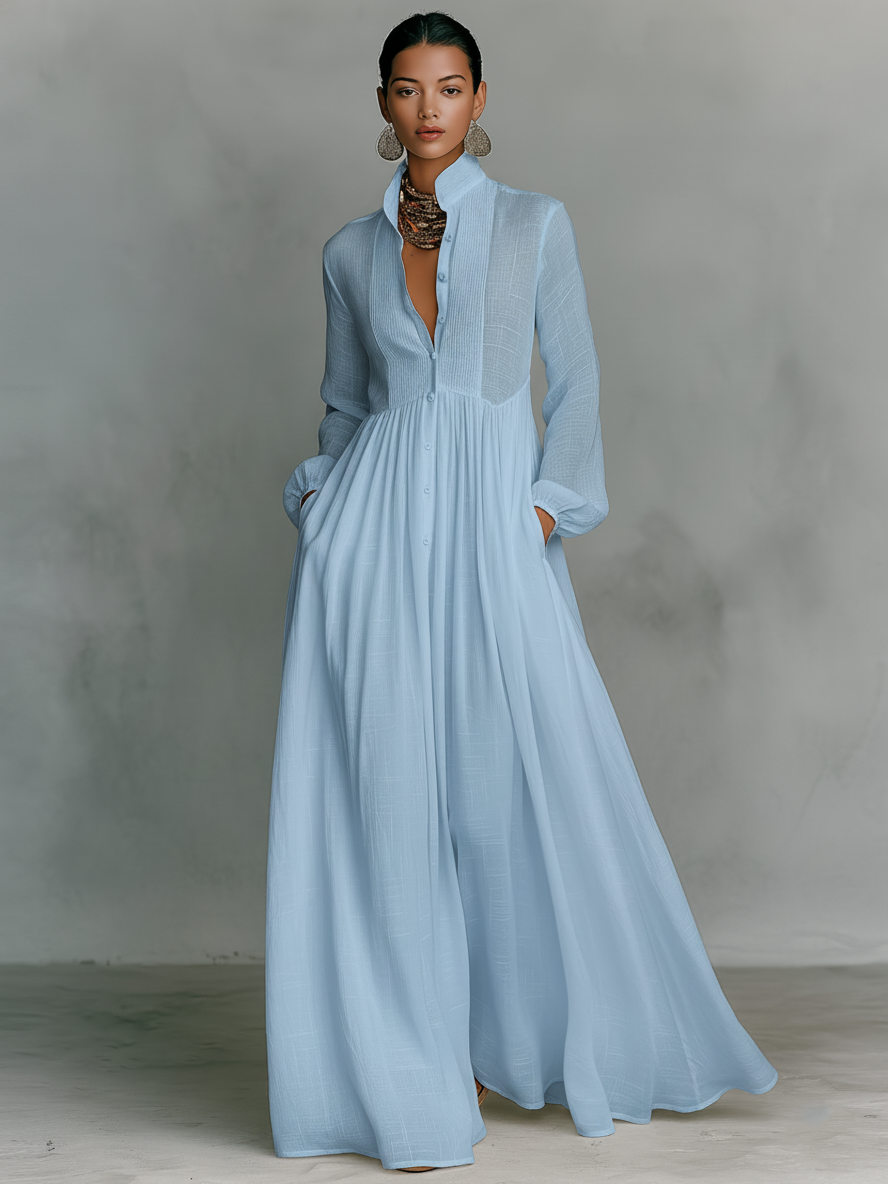 Women's Cotton Linen Maxi Dress Stand-Up Collar