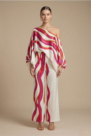 Conjunto de dos piezas para mujer - Top off shoulder - Manga larga - Pantalones de pierna ancha - Diseño estampado