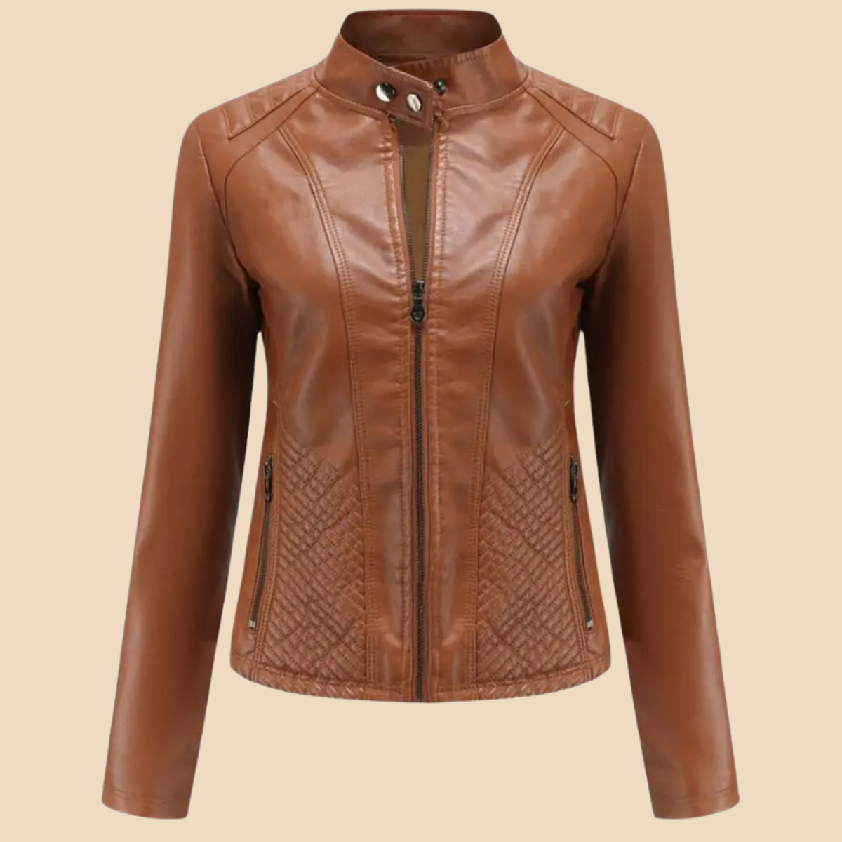 Women’s Zip-Front Faux Leather Jacket with Stand Collar and Quilted Panel Detailing