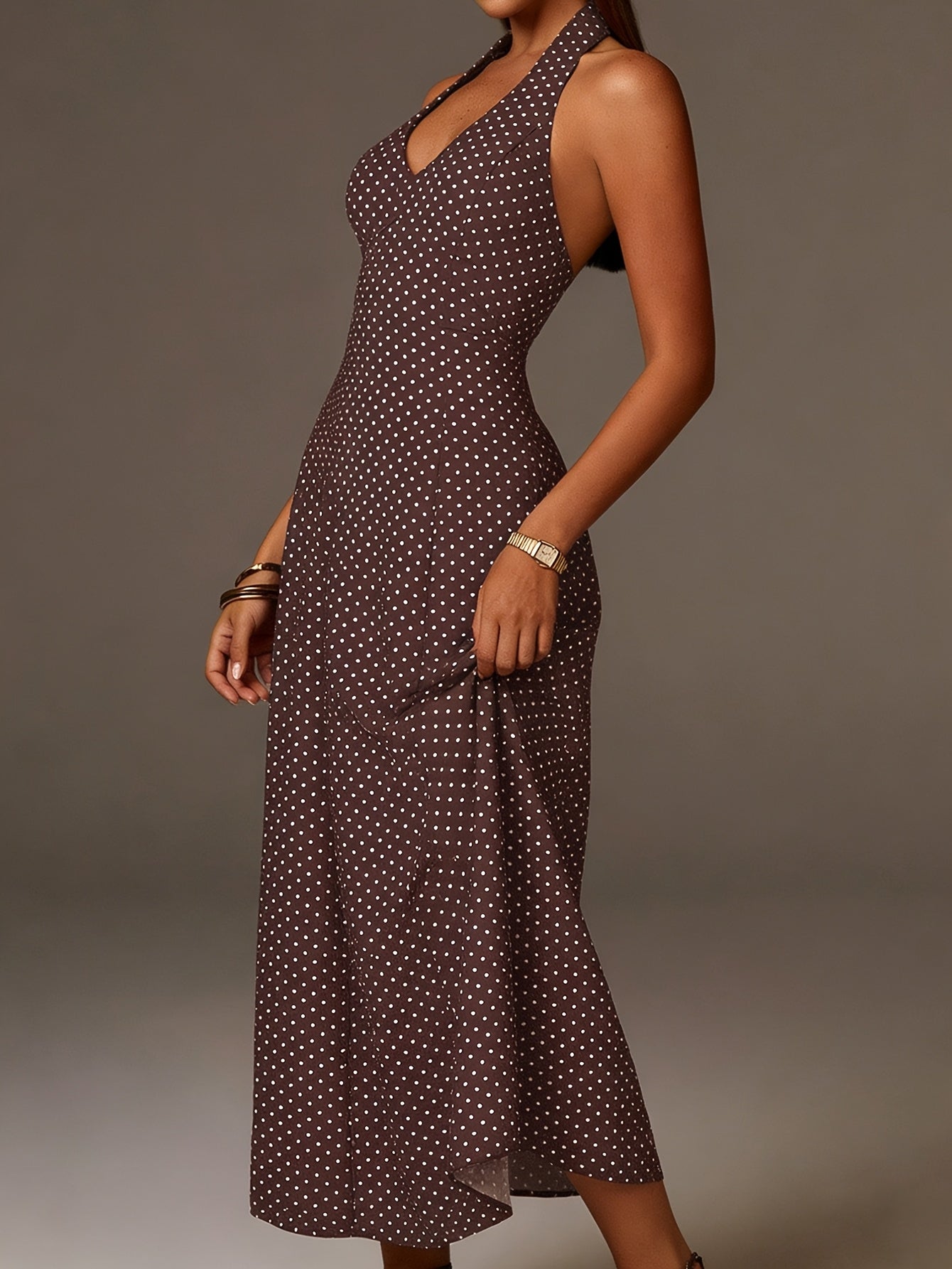 Women's Coffee Polka Dot Halter Neck Maxi Dress with Plunge Front and Smocked Back